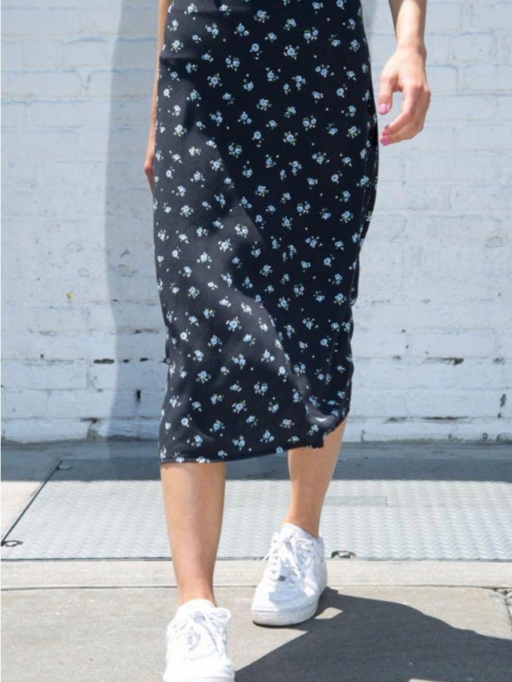 Brandy Melville Black Midi Skirt with Light Blue Floral Print